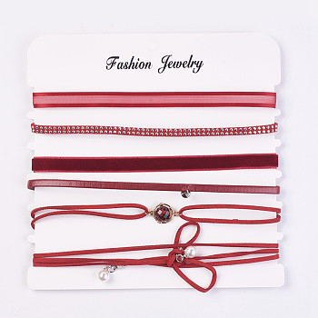 Faux Suede & Velvet Choker Necklaces, with Cloth and Alloy Findings, Red, 12.6~46.3 inch(32.1~117.6cm), 6pcs/set