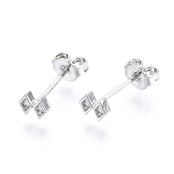 Brass Micro Pave Clear Cubic Zirconia Stud Earrings, with Ear Nuts, Nickel Free, Rhombus, Platinum, 4x5mm, Pin: 0.8mm