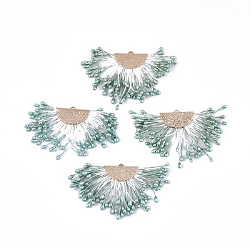 Polycotton(Polyester Cotton) Tassel Pendant Decorations, with Foam and Brass Findings, Fan, Golden, Medium Aquamarine, 40~45x64~68x3mm, Hole: 1.2x2mm