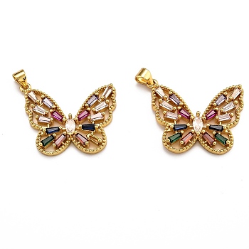 Brass Micro Pave Clear Cubic Zirconia Pendants, Long-Lasting Plated, Butterfly, Real 18K Gold Plated, 25x29.5x4.5mm, Hole: 3.5x3.5mm