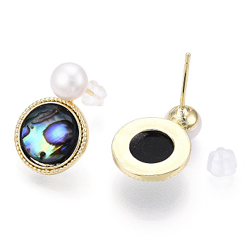 Natural Pearl Stud Earrings, Brass 
 Earrings with 925 Sterling Silver Pins, Paua Shell with Flat Round, Real 18K Gold Plated, 17.5x12.5x3mm, Pin: 0.8x11.5mm