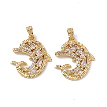 Brass Cubic Zirconia Pendants, Dolphin Charm, Real 18K Gold Plated, Clear, 23.5x20.5x3mm, Hole: 2x5mm