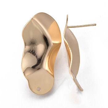 Brass Stud Earrings Findings, Nickel Free, Twist Oval, Real 18K Gold Plated, 32.5x16mm, Hole: 1.4mm, Pin: 0.7mm