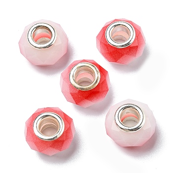 Glass European Beads, Large Hole Beads, with Silver Tone Brass Double Cores, Faceted Rondelle, Red, 14x9mm, Hole: 5mm