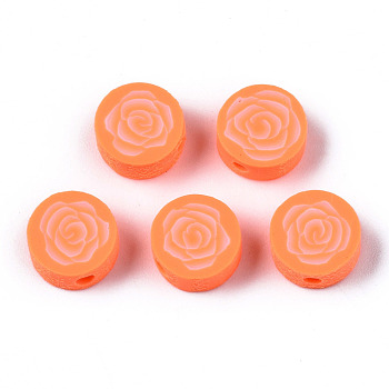 Handmade Polymer Clay Beads, for DIY Jewelry Crafts Supplies, Flat Round with Flower, Coral, 9.5x3.5~5mm, Hole: 1.8mm