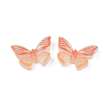 Translucent Printed Resin Cabochons, with Glitter Powder, Butterfly, Coral, 15.5x23x5mm