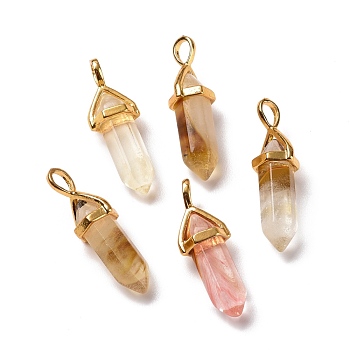 Tigerskin Glass Pendants, Faceted, with Golden Tone Brass Findings, Lead free & Cadmium Free, Bullet, 27~30x9~10x7~8mm, Hole: 4x3mm