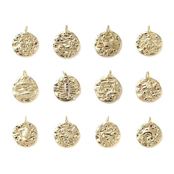 Brass Micro Pave Cubic Zirconia Pendants, with Jump Rings, Flat Round, Colorful, Golden, 12 Constellations, 14~15x2mm, Hole: 3mm