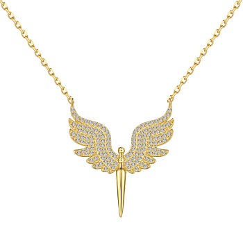 925 Sterling Silver Pendant Necklaces, Micro Pave Clear Cubic Zirconia, Angel, Real 18K Gold Plated, 15.87 inch(40.3cm)