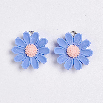 Resin Pendants, with Platinum Plated Iron Findings, Flower, Cornflower Blue, 26.5x25x6.5mm, Hole: 2mm