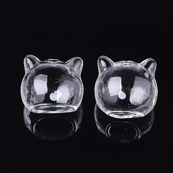 Handmade Kitten Blown Glass Globe Beads, Cat Head, Clear, 22~24x24~24.5x22mm, Hole: 10~14x11~15mm and 2mm