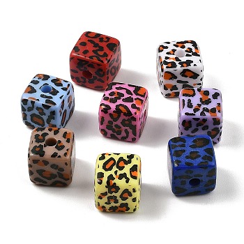 Opaque Acrylic Beads, Cube with Leopard Pattern, Mixed Color, 14.5x14.5x14.5mm, Hole: 3.5mm