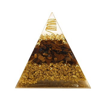 Orgonite Pyramid, Resin Pointed Home Display Decorations, with Natural Tiger Eye and Metal Findings inside, 52.5x54x52mm