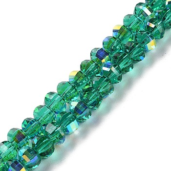 Transparent Electroplate Glass Beads Strands, AB Color, Faceted Lantern, Green, 6x4.5mm, Hole: 1.4mm, about 98pcs/strand, 17.72''(45cm)