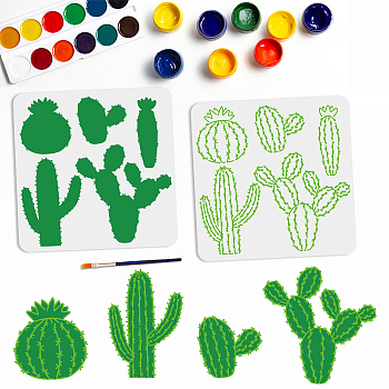 US 1 Set PET Hollow Out Drawing Painting Stencils, with 1Pc Art Paint Brushes, for DIY Scrapbook, Photo Album, Cactus, 300x300mm, 2pcs/set