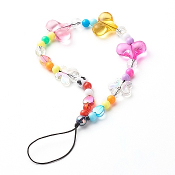 Opaque Acrylic Beads and Eco-Friendly Transparent Acrylic Beads Mobile Straps, with Nylon Thread, Heart & Butterfly, Colorful, 18cm