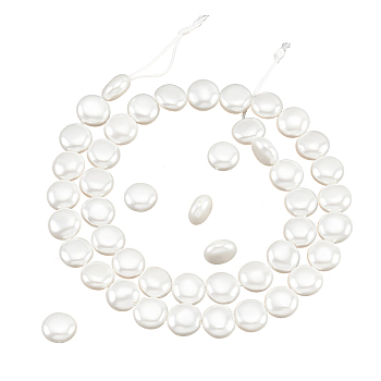 1 Strand Electroplated Shell Pearl Beads Strands, Polished, Flat Round, White, 9.5~10x5~5.5mm, Hole: 1mm, about 41pcs/strand, 16.14 inch(41cm)