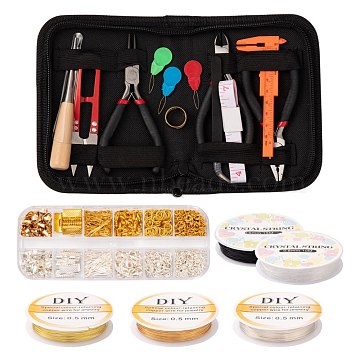 Jewelry Making Tool Sets, Including Carbon Steel Pliers, Wooden Awl Pricker Sewing Tool, Steel Beading Needles, Plastic Test Tube, PU Iron Soft Tape Measure, Vernier Caliper, Stainless Steel Scissors, Golden & Silver, 11cm, 1pc(TOOL-LS0001-07)