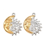 304 Stainless Steel Pendants, Moon & Sun with Face Charms, Golden & Stainless Steel Color, 31.5x25x3.5mm, Hole: 2mm(STAS-D265-02GP-01)