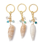 Natural Shell Pendant Keychains, with Natural Spiral Shell & White Jade and Glass, with Iron Split Key Rings, Golden, 101.5~106mm(KEYC-JKC01094-01)