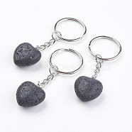 Natural Lava Rock Keychain, with Platinum Iron Findings, Heart, 72mm(KEYC-F019-02L)