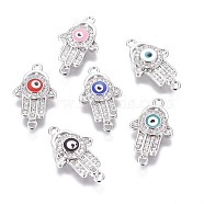 Brass Micro Pave Cubic Zirconia Links, with Enamel, Hamsa Hand/Hand of Fatima/Hand of Miriam, Platinum, Mixed Color, 22x12.5x3mm, Hole: 1.2mm(ZIRC-F106-16P)