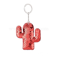 Keychain, with Plastic Paillette Beads, Iron Key Ring and Chain, Cactus, Platinum, Red, 128mm, Pendant: 84x74x11~12mm(KEYC-F024-F03)