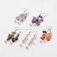 Natural Gemstone Beaded Dangle Cluster Earrings, with Pearl Beads and Brass Earring Hooks, 68mm, Pin: 0.7mm(EJEW-JE02039)