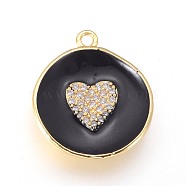 Golden Plated Brass Micro Pave Cubic Zirconia Pendants, with Enamel, Long-Lasting Plated, Flat Round with Heart, Black, 23x20x3mm, Hole: 1.8mm(KK-F809-07G-03)