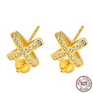 Cross 925 Sterling Silver Micro Pave Clear Cubic Zirconia Stud Earring Findings, Earring Settings for Half Drilled Beads, with S925 Stamp, Real 18K Gold Plated, 11x7.5mm, Pin: 10.5x0.7mm and 0.8mm(STER-Q192-24G)