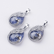 Natural Blue Spot Jasper Pendants, with Brass Finding, Teardrop with Peacock, Platinum, 33x20x10.5mm, Hole: 5x6.5mm(G-E442-04D)