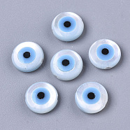 Natural White Shell Mother of Pearl Shell Beads, with Synthetic Turquoise, Evil Eye, Deep Sky Blue, 8x3mm, Hole: 0.8mm(SSHEL-N034-51)