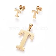 304 Stainless Steel Pendants and Stud Earrings Jewelry Sets, Alphabet, Letter.T, 20~23x13~19x1.5mm, Hole: 6x3mm, 6~10x6~9x1mm, Pin: 0.8mm(SJEW-P099-20G)