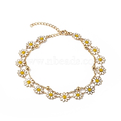 Enamel Daisy Flower Link & Satellite Chains Double Layer Multi-strand Bracelet, Ion Plating(IP) 304 Stainless Steel Jewelry for Women, Golden, 9 inch(22.7cm)(BJEW-G669-09G)