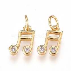 Brass Charms, with Cubic Zirconia and Jump Rings, Musical Note, Clear, Golden, 8.5x5.5x1.5mm, Hole: 2mm(ZIRC-L070-65G)
