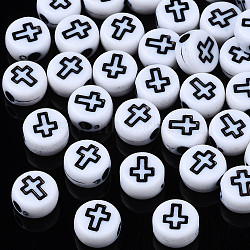 Opaque Acrylic Beads, Flat Round with Cross, White, 7x4mm, Hole: 1.8mm, about 3670pcs/500g(SACR-S273-48)