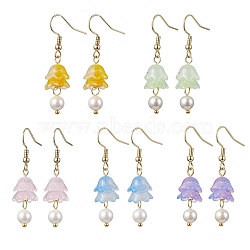 Flower Transparent Spray Painted Glass Dangle Earrings, with 304 Stainless Steel Earring Hooks and Shell Pearl Beads, Mixed Color, 43x10mm(EJEW-JE05742)