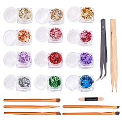 Flake Foil Nail Art Glitter Powder, with Stainless Steel Tweezers, Bamboo Pointed Tip Tweezer and Artificial Fiber Horse Hair Eye Brush Set, Mixed Color, Powder: 12boxs/bag(MRMJ-OC0001-15)