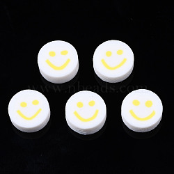 Handmade Polymer Clay Beads, for DIY Jewelry Crafts Supplies, Flat Round with Smiling Face, Yellow, 10x4~4.5mm, Hole: 1.8mm(X-CLAY-N008-040L)