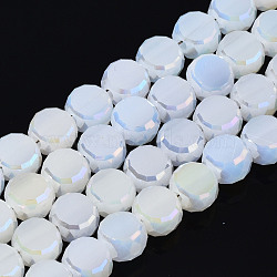 Electroplate Glass Beads Strands, AB Color Plated, Faceted, Flat Round, White, 5.5x6x3.5mm, Hole: 1.2mm, about 98~100pcs/strand, 19.84~21.65 inch(50.4cm~55cm)(EGLA-Q125-002-A07)