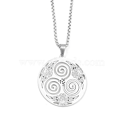 Non-Tarnish 201 Stainless Steel Pendant Necklaces for Man, Flat Round with Spiral, Stainless Steel Color, 23.35 inch(59.3cm), Flat Round: 38x34.5x1.3mm(NJEW-Q336-04B-P)