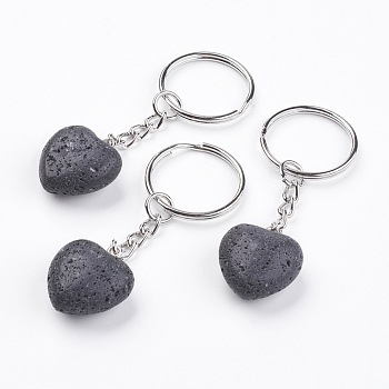 Natural Lava Rock Keychain, with Platinum Iron Findings, Heart, 72mm