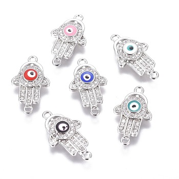 Brass Micro Pave Cubic Zirconia Links, with Enamel, Hamsa Hand/Hand of Fatima/Hand of Miriam, Platinum, Mixed Color, 22x12.5x3mm, Hole: 1.2mm