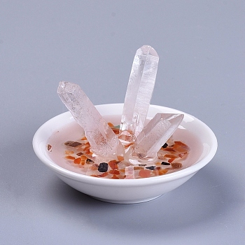 Natural Quartz Crystal Home Display Decorations, with Natural Carnelian/Red Agate Chip Beads, Porcelain Base and Resin, 71.5x42.5~46.5mm
