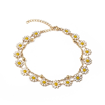 Enamel Daisy Flower Link & Satellite Chains Double Layer Multi-strand Bracelet, Ion Plating(IP) 304 Stainless Steel Jewelry for Women, Golden, 9 inch(22.7cm)