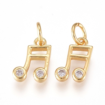 Brass Charms, with Cubic Zirconia and Jump Rings, Musical Note, Clear, Golden, 8.5x5.5x1.5mm, Hole: 2mm