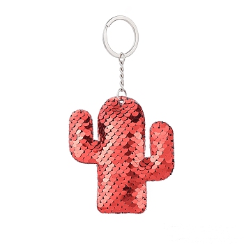 Keychain, with Plastic Paillette Beads, Iron Key Ring and Chain, Cactus, Platinum, Red, 128mm, Pendant: 84x74x11~12mm