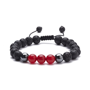 Natural Malaysia Jade(Dyed) & Lava Rock & Synthetic Hematite Braided Bead Bracelet, Essential Oil Gemstone Jewelry for Women, Red, Inner Diameter: 2-1/8~3-1/4 inch(5.4~8.3cm)