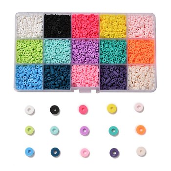 150G 15 Colors Handmade Polymer Clay Beads, Heishi Beads, for DIY Jewelry Crafts Supplies, Disc/Flat Round, Mixed Color, 4x1mm, Hole: 1mm, 10g/color