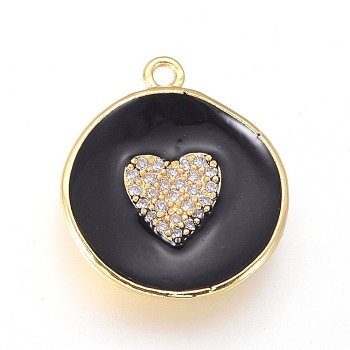 Golden Plated Brass Micro Pave Cubic Zirconia Pendants, with Enamel, Long-Lasting Plated, Flat Round with Heart, Black, 23x20x3mm, Hole: 1.8mm